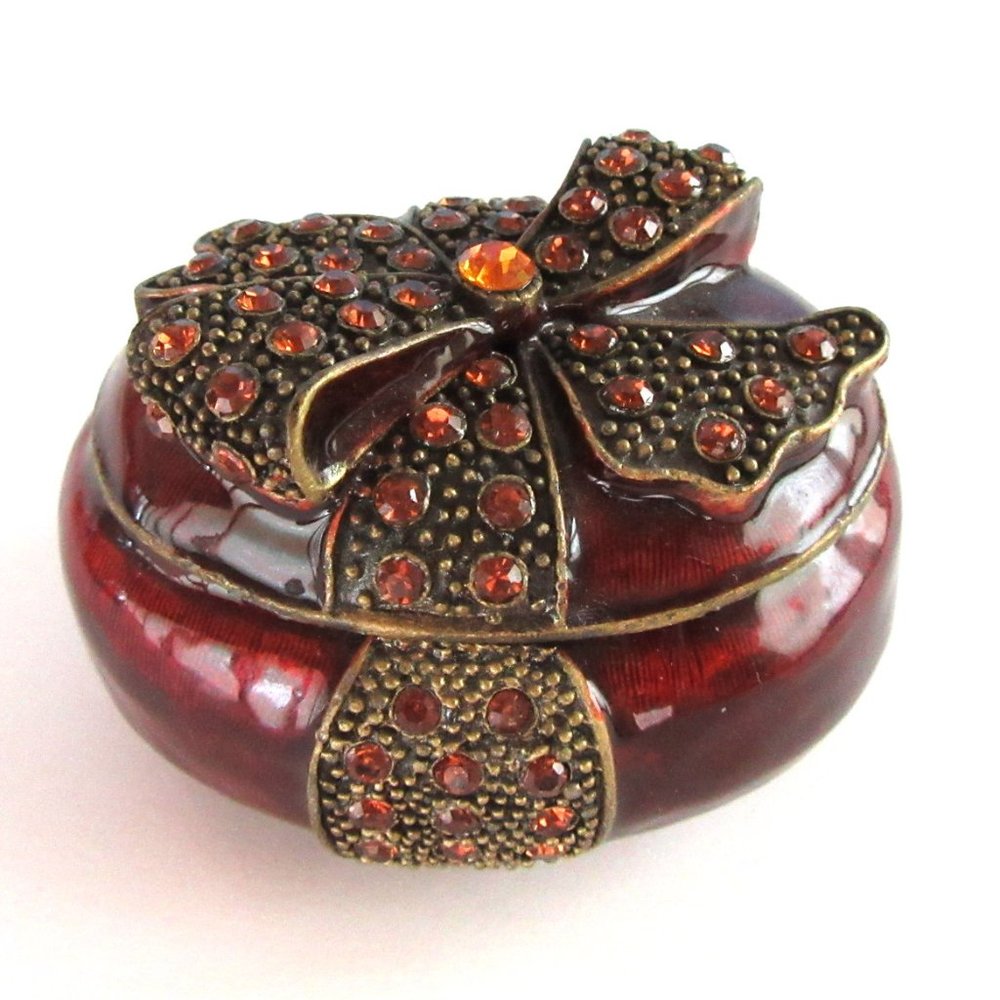 Burgundy enamel ring box with rhinestone bow - jewelry casket - magnetic closure